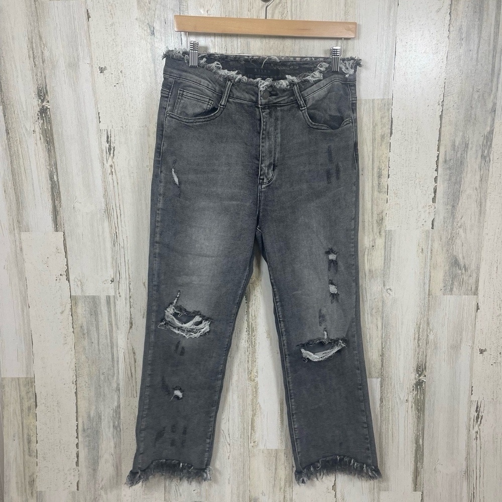 RISEN LOS ANGELES High Rise Distressed Jeans Frayed Hem Waist Dark Grey size 30